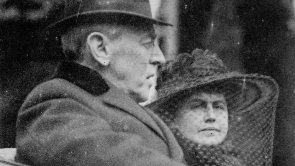 Woodrow Wilson and wife riding in backseat of a carriage to second inauguration, March 5th, 1917