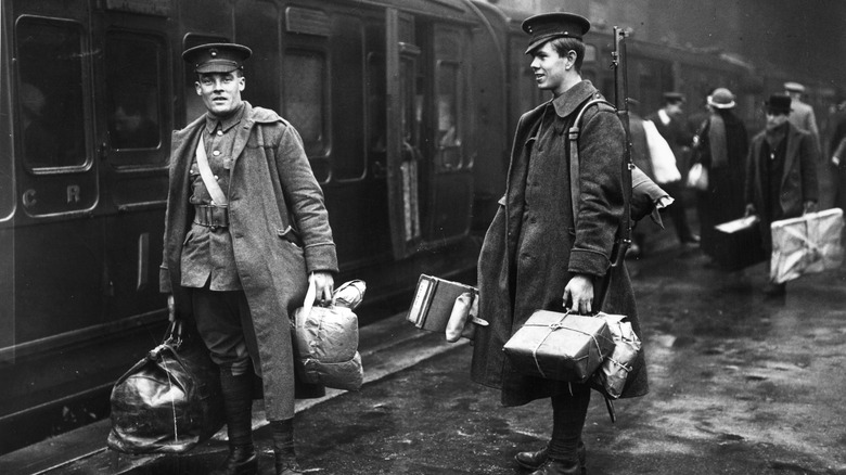 British officers during World War I at train station