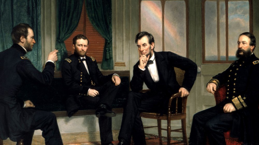 A portrait of Ulysses S. Grant seated next to Abraham Lincoln, among others.