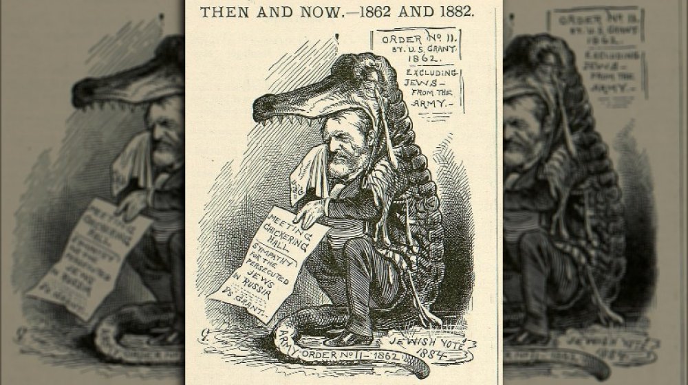 A political cartoon of Grant's "crocodile tears" for the persecuted Jewish community in Russia.