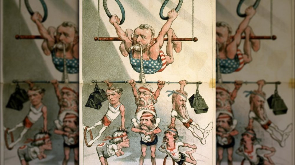 A political cartoon of the many scandals of the Grant administration.