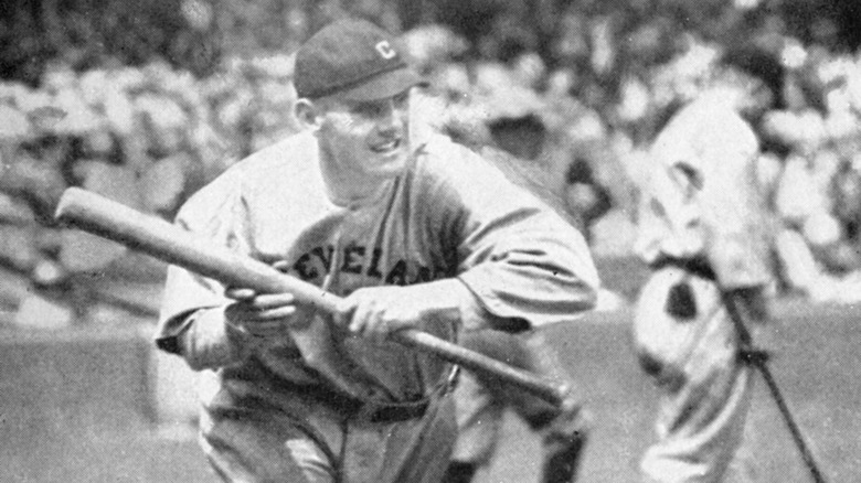 Ray Chapman practices a bunt