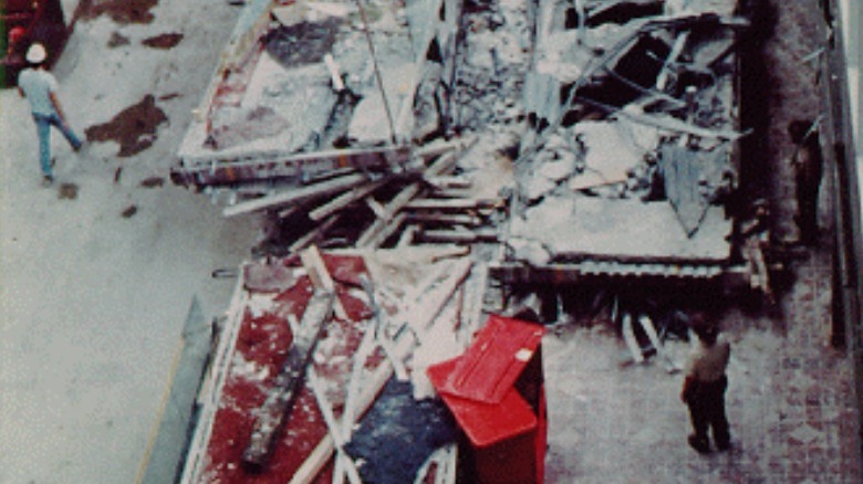 Collapsed walkway sections of the Kansas City Hyatt Regency, taken from the second floor