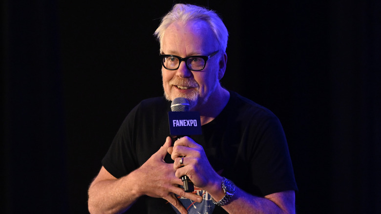 Adam Savage holding FanExpo microphone