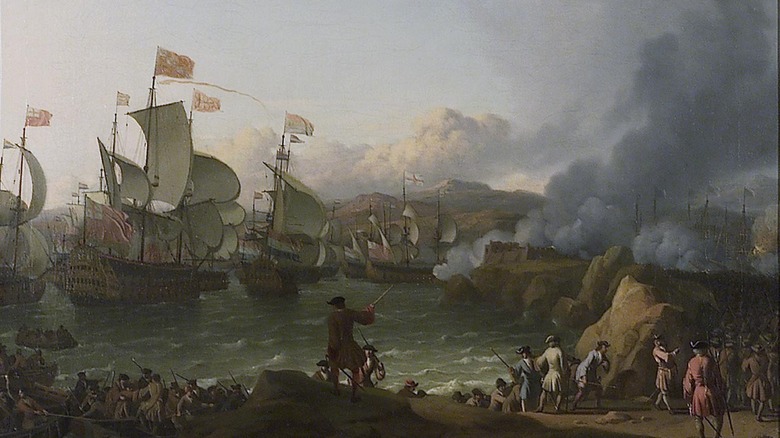 Painting of battle ships pulling into harbor