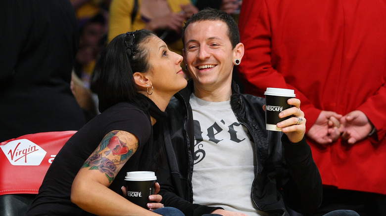 Chester Bennington laughing drinking coffee wife