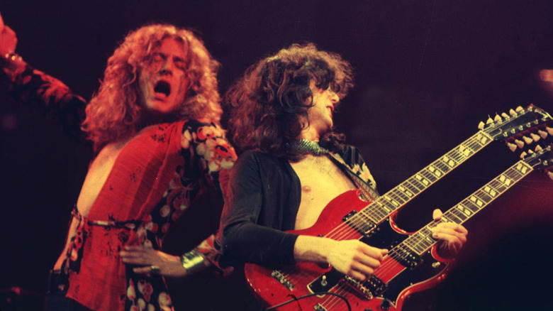 Robert Plant and Jimmy Page onstage during Led Zeppelin concert