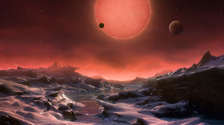 Sci-fi travel poster for TRAPPIST-1e.