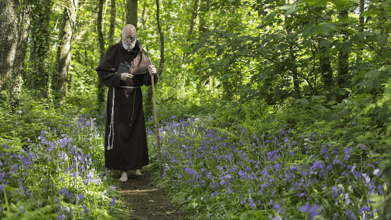 barefoot monk on path in woods among flowers