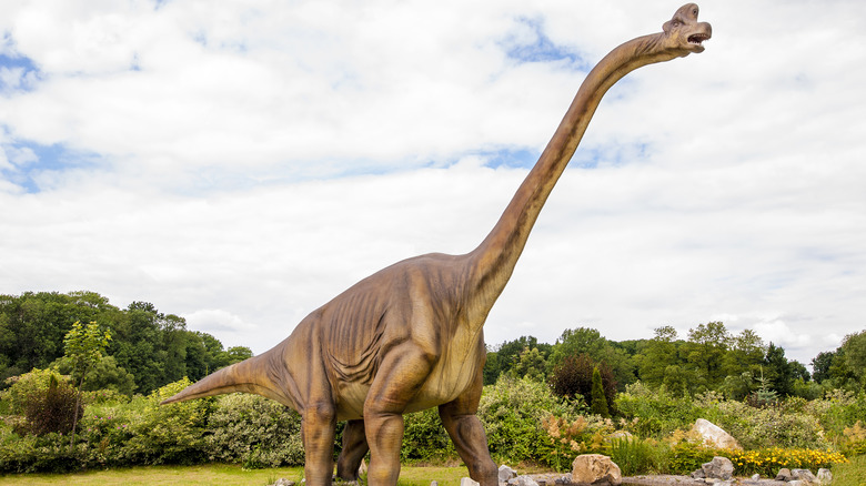 brachiosaurus standing in front of trees