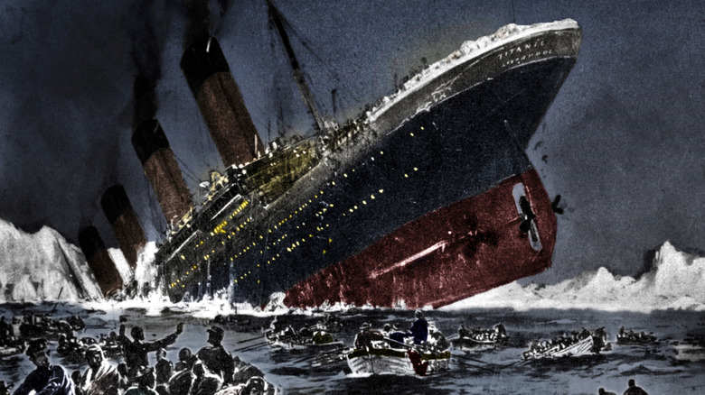 Illustration of the Titanic sinking with lifeboats and icebergs