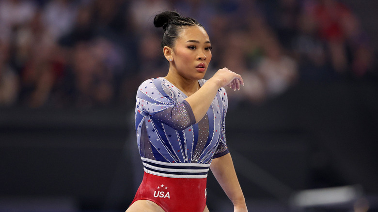 Sunisa Lee mid-competition