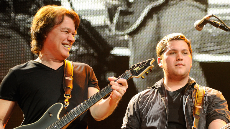 Eddie Van Halen and Wolfgang Van Halen performing onstage