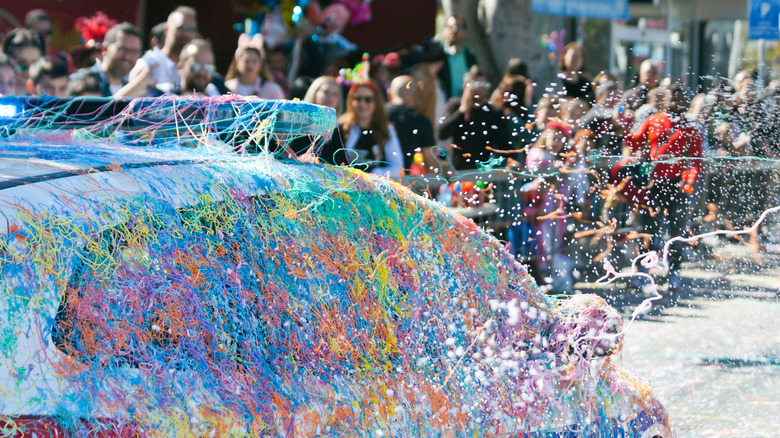 car sprayed with silly string