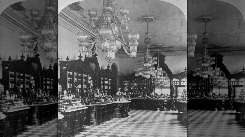 pharmacy interior with chandelier