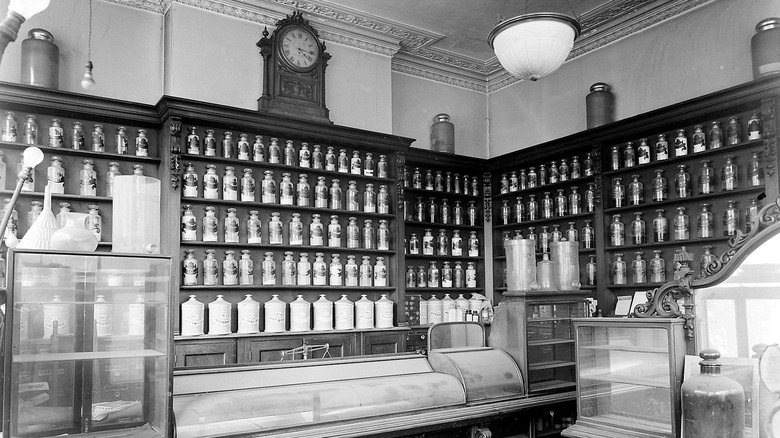 jars on shelves in pharmacy