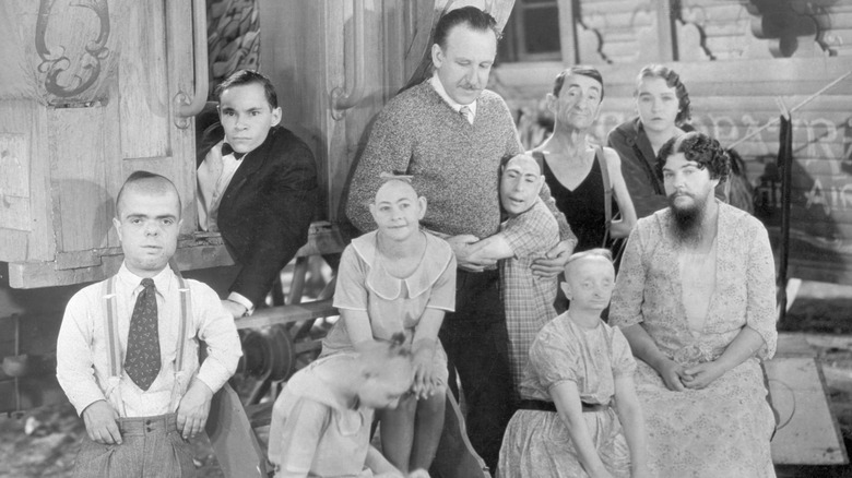 Tod Browning with cast of Freaks, Johnny Eck