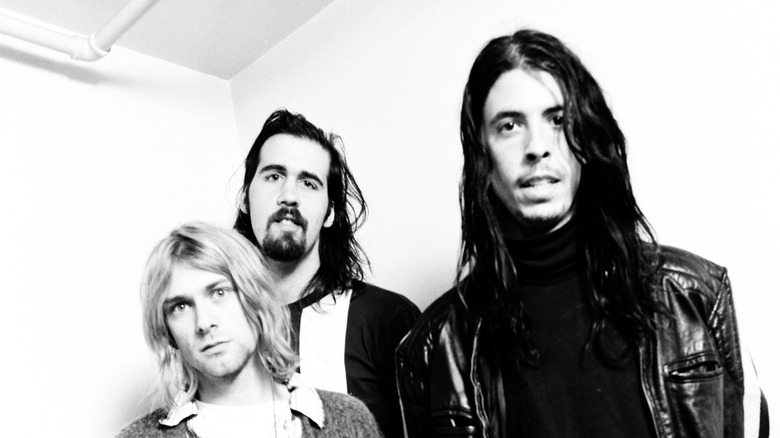 Nirvana in 1991 looking serious