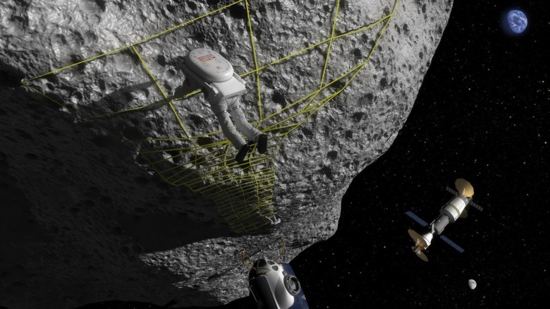 In this artist's concept, an astronaut performs a tethering maneuver at an asteroid.