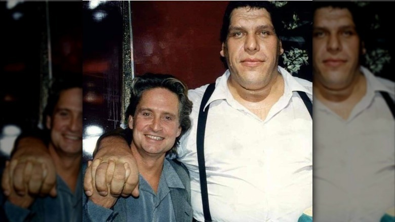 Andre the Giant and Michael Douglas smiling 