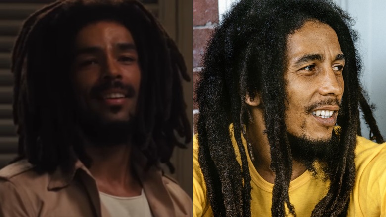 Kingsley Ben-Adir and Bob Marley smiling dreadlocks