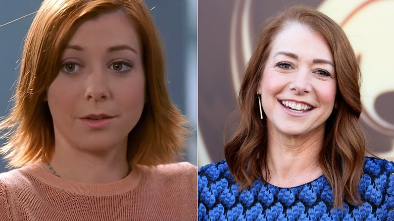 Willow Rosenberg wearing an orange sweater in "Buffy the Vampire Slayer" and Alyson Hannigan wearing a blue top and smiling on the red carpet