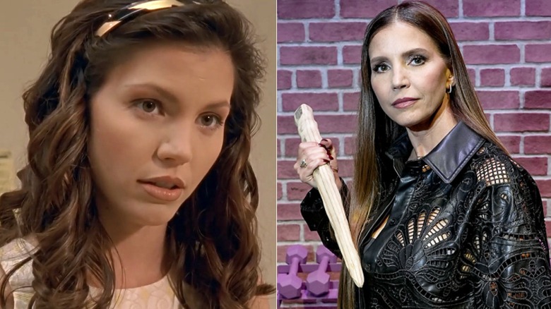 Cordelia Chase looking ahead in "Buffy the Vampire Slayer" and Charisma Carpenter holding a stake for a promo pic