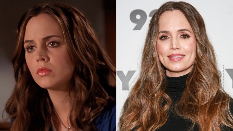 Faith Lehane looking serious in "Buffy the Vampire Slayer" and Eliza Dushku smiling on the red carpet