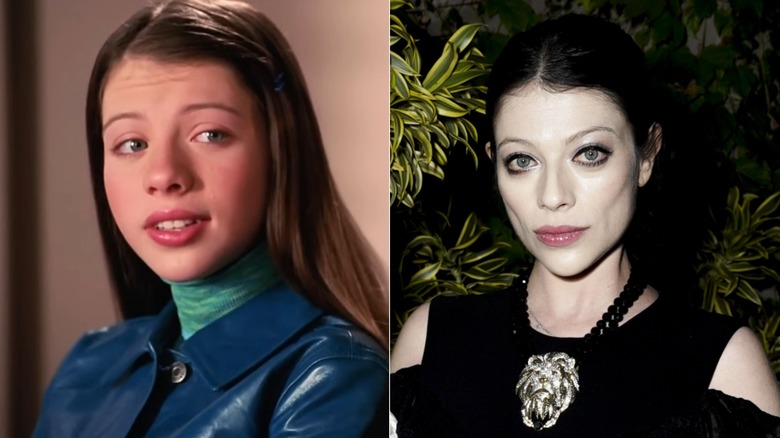 Dawn Summers talking in "Buffy the Vampire Slayer" and Michelle Trachtenberg wearing a lion pendent and posing for a photo