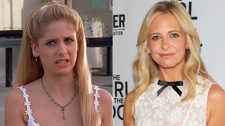 Buffy Summers pulling a face in "Buffy the Vampire Slayer" and Sarah Michelle Gellar smiling on the red carpet