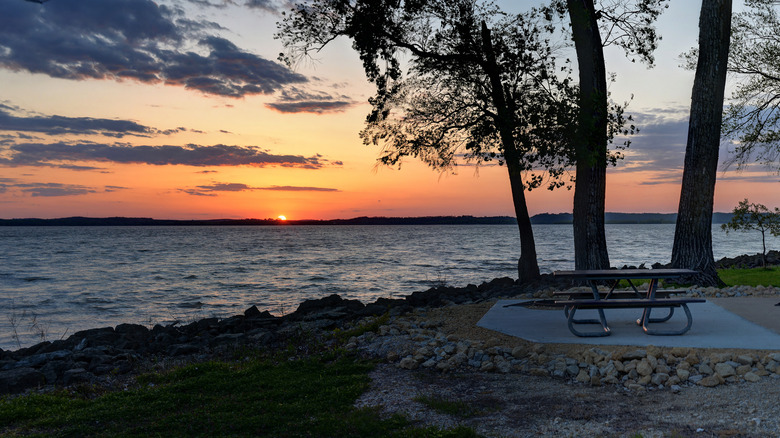 View of Mississippi River with trees and stones in foreground