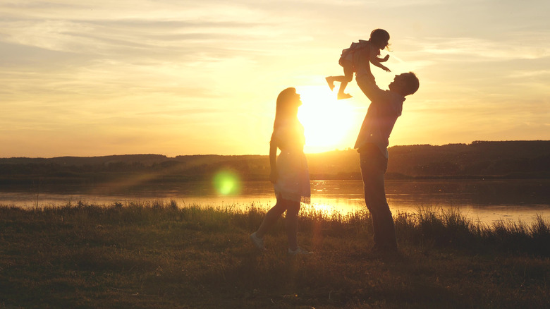 Man holding child in air