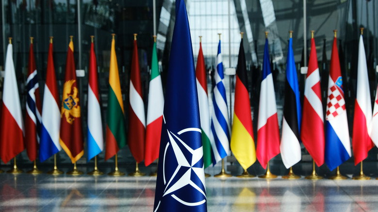 member country flags at NATO headquarters