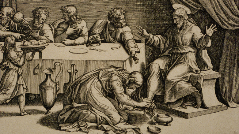 Biblical prostitute touching Jesus' feet