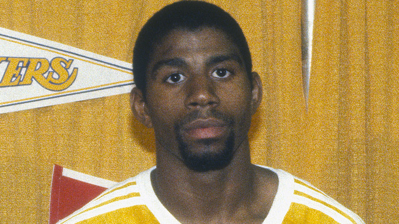 Magic Johnson at a press conference in 1982