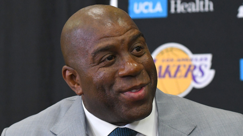 Magic Johnson at a Los Angeles Lakers press conference in 2017