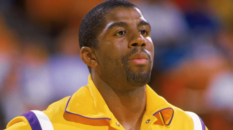 Magic Johnson in Lakers warmups