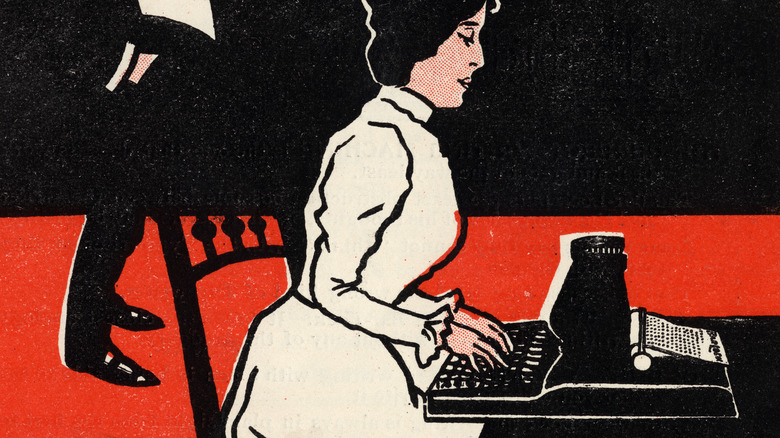 advertisement woman sitting at a typewriter