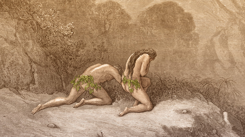 Adam and Eve bow in shame