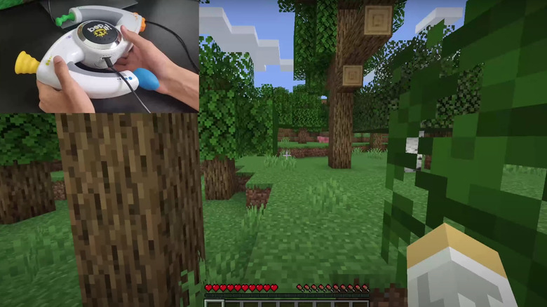 A player uses a modified Bop-It toy to play Minecraft