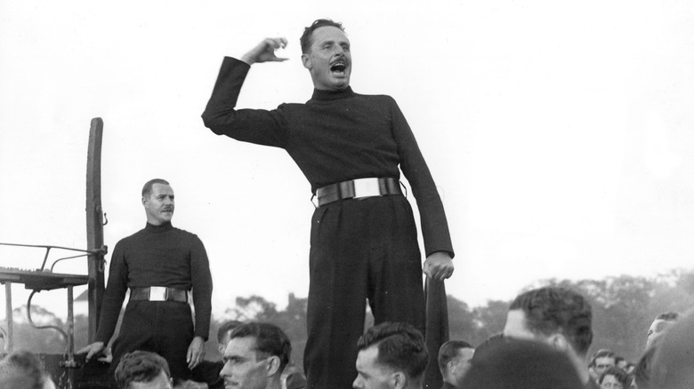 Oswald Mosley addressing gathering of fascists