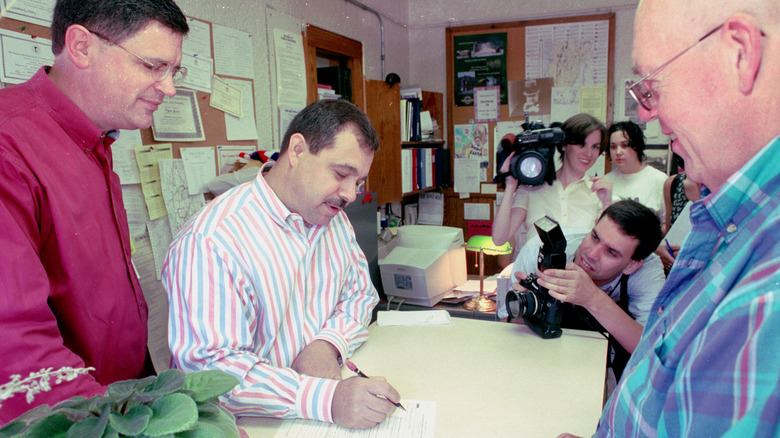 Joe Skirchak and Pat Cerra fill out civil union paperwork