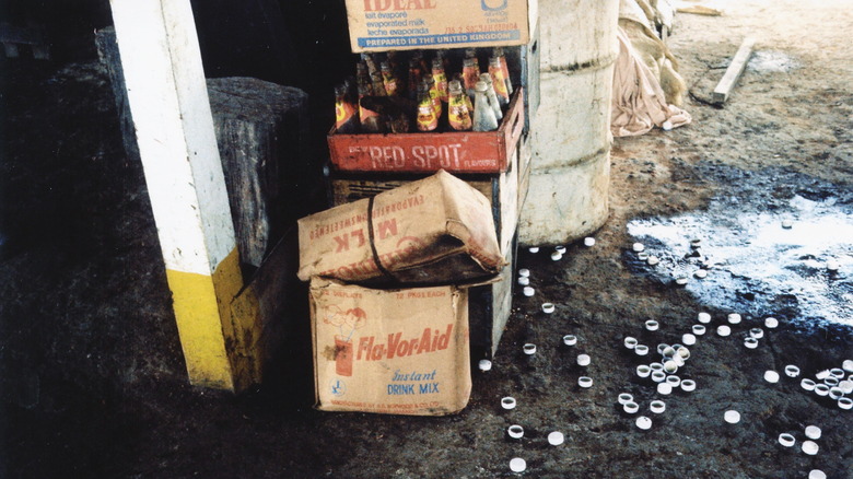 Photo of beverage boxes at Jonestown, Guyana, 1978