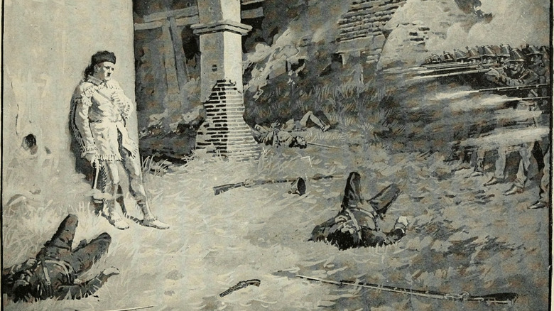 1914 illustration of Alamo battle with Davy Crockett in foreground