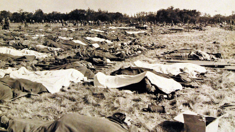 German and American casualties of the invasion awaiting burial, Dog Red Beach.