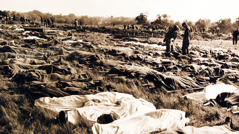 German and American casualties of the invasion awaiting burial, Dog Red Beach. Photograph released November 7, 1944