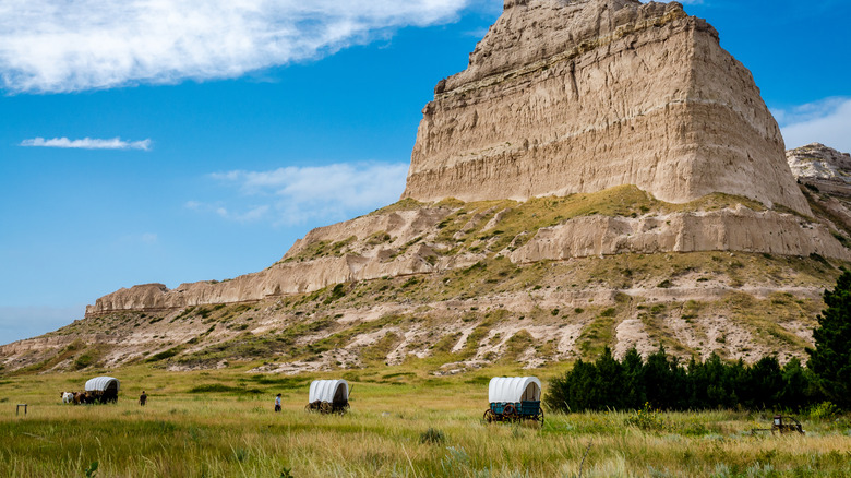 Covered wagons riding along Oregon Trail