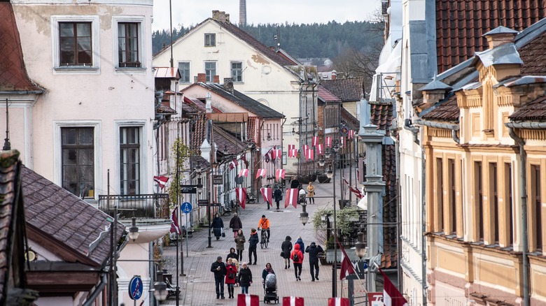 crowded street in Kuldiga, Latvia