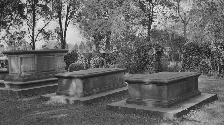 Three tombs rest in a row under trees