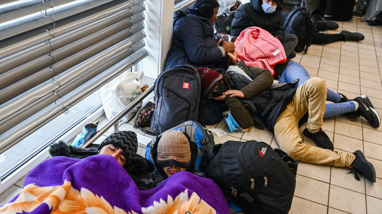 Refugees resting in Medyka, Poland 